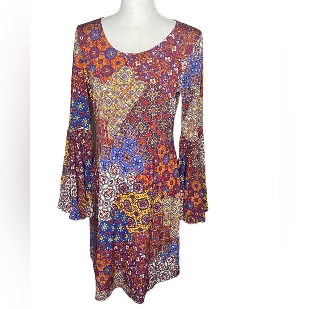 MSK Wm’s Sz Med Red Floral Flared Bell Sleeve Scoop Neck Mini Dress